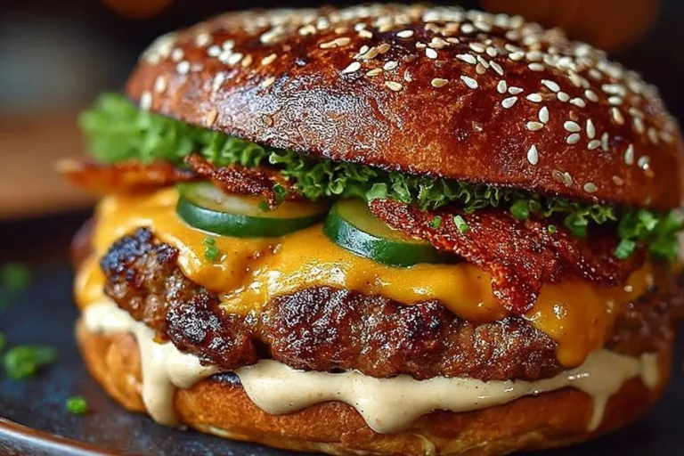 Delicious homemade smash burger with secret sauce on a wooden board