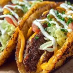 Delicious smash burger tacos on a plate with toppings