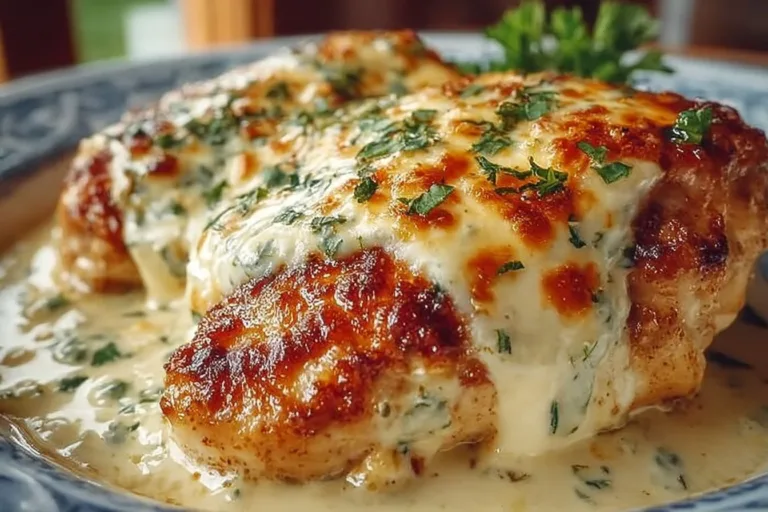 Delicious smothered cheesy sour cream chicken served with garnishes