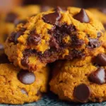Batch of soft pumpkin chocolate chip cookies on a baking sheet