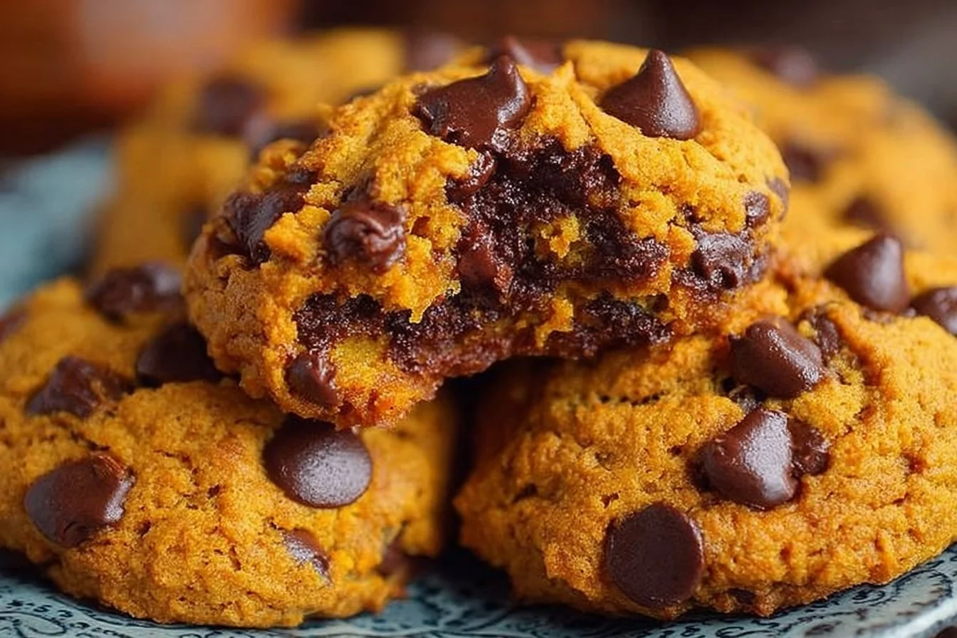 Batch of soft pumpkin chocolate chip cookies on a baking sheet