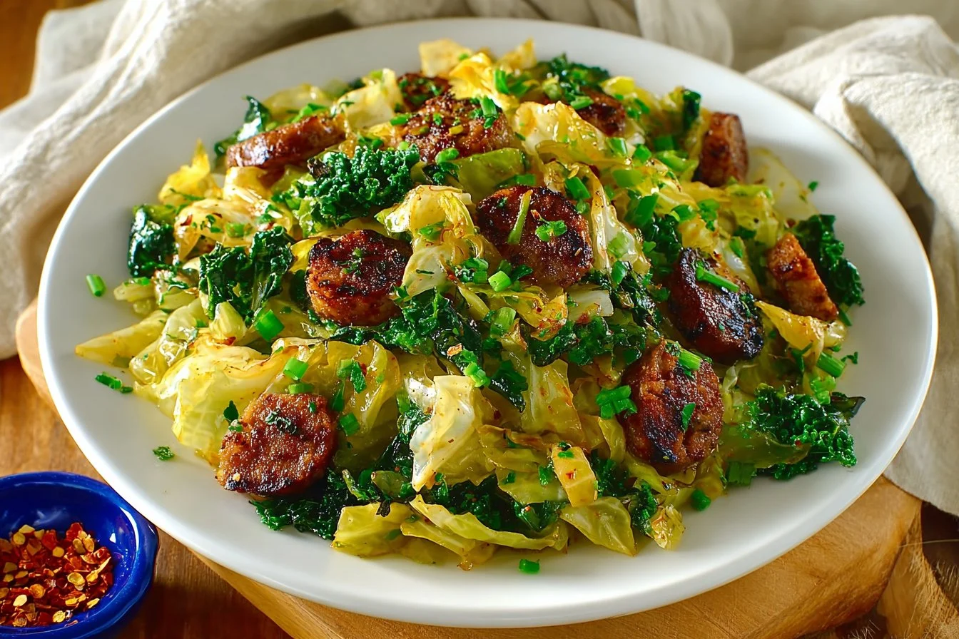 Southern Fried Cabbage with Andouille Sausage in a skillet