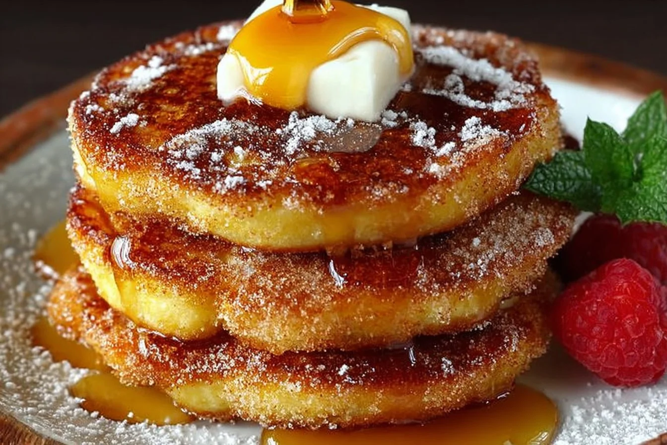 Fluffy churro pancakes topped with cinnamon sugar and chocolate sauce