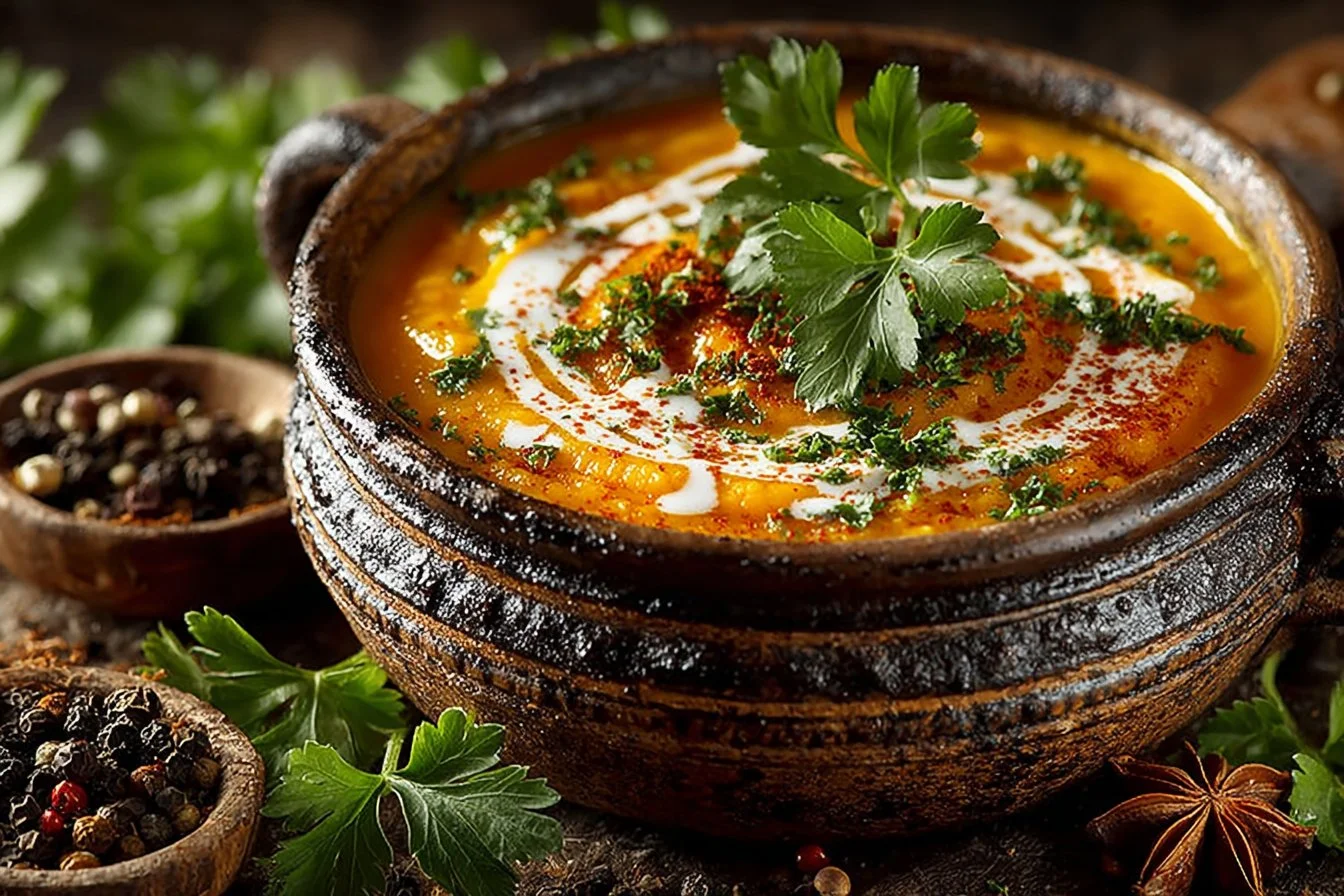 Bowl of spicy butternut squash and sweet potato soup garnished with herbs.