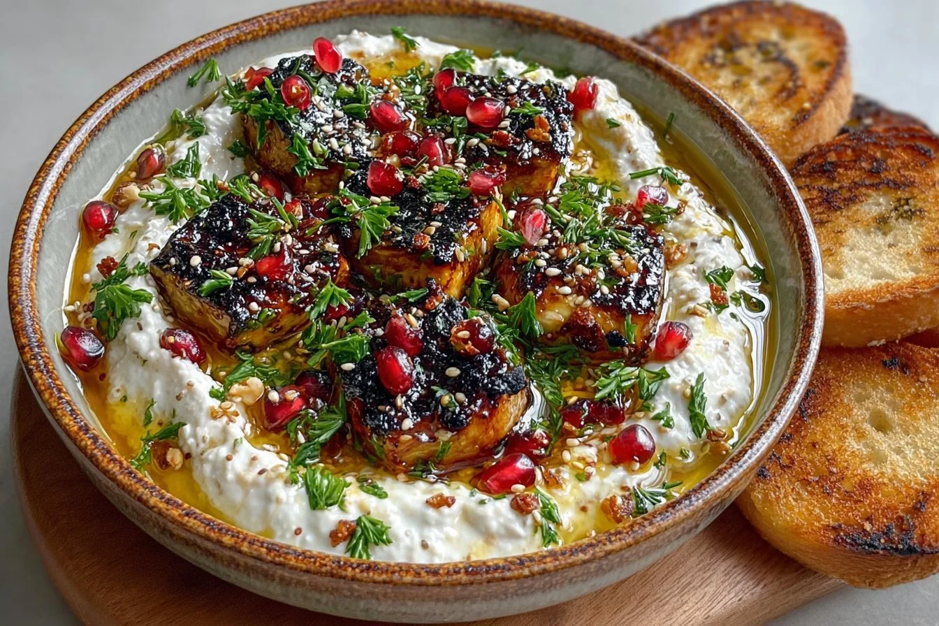 Spicy eggplant dip with labneh and maple tahini sauce served in a bowl