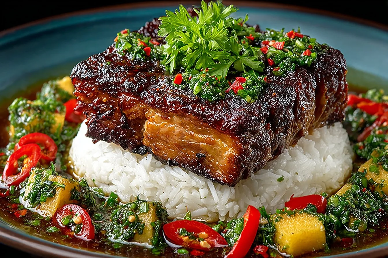 Delicious spicy glazed beef short ribs served on a plate