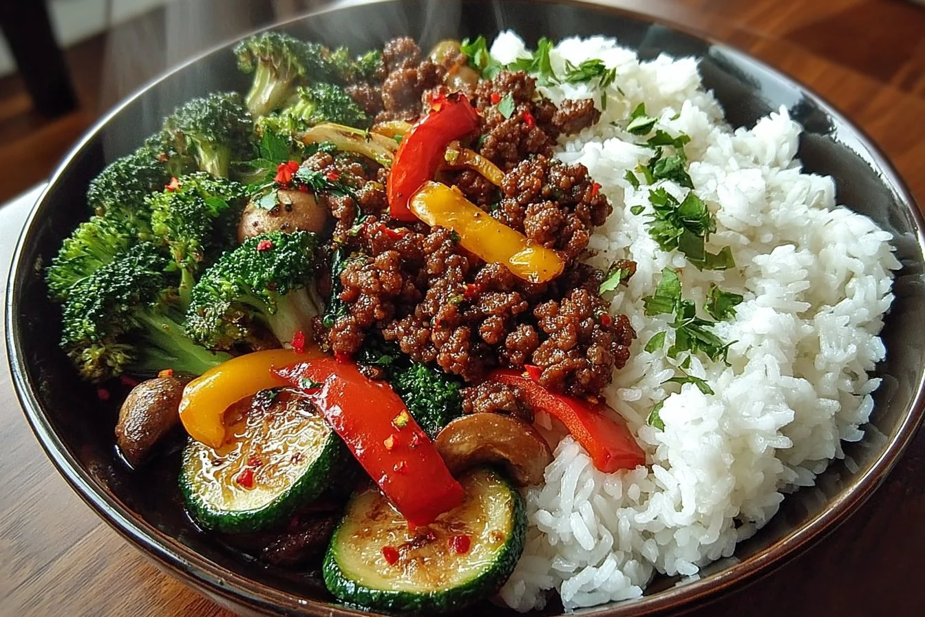 Spicy Ground Beef stir-fry bowl with garlic vegetables and rice