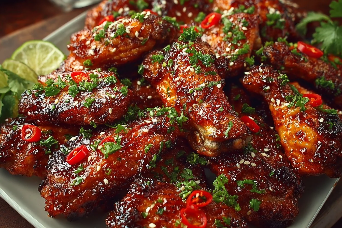 Spicy honey garlic chicken wings garnished with sesame seeds