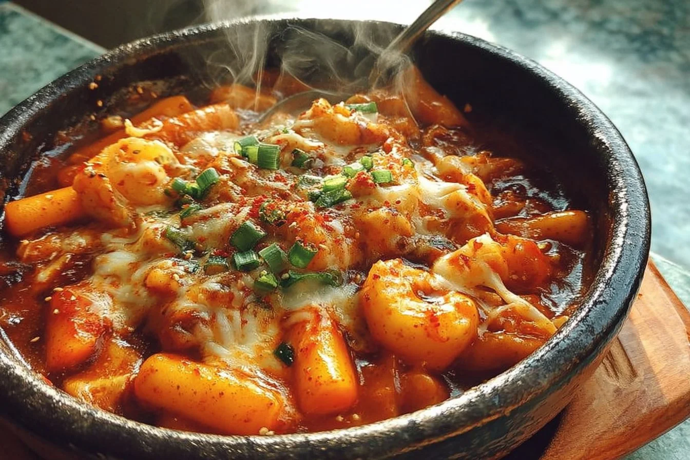 Delicious spicy rice cakes served in a bowl with vibrant sauces and toppings