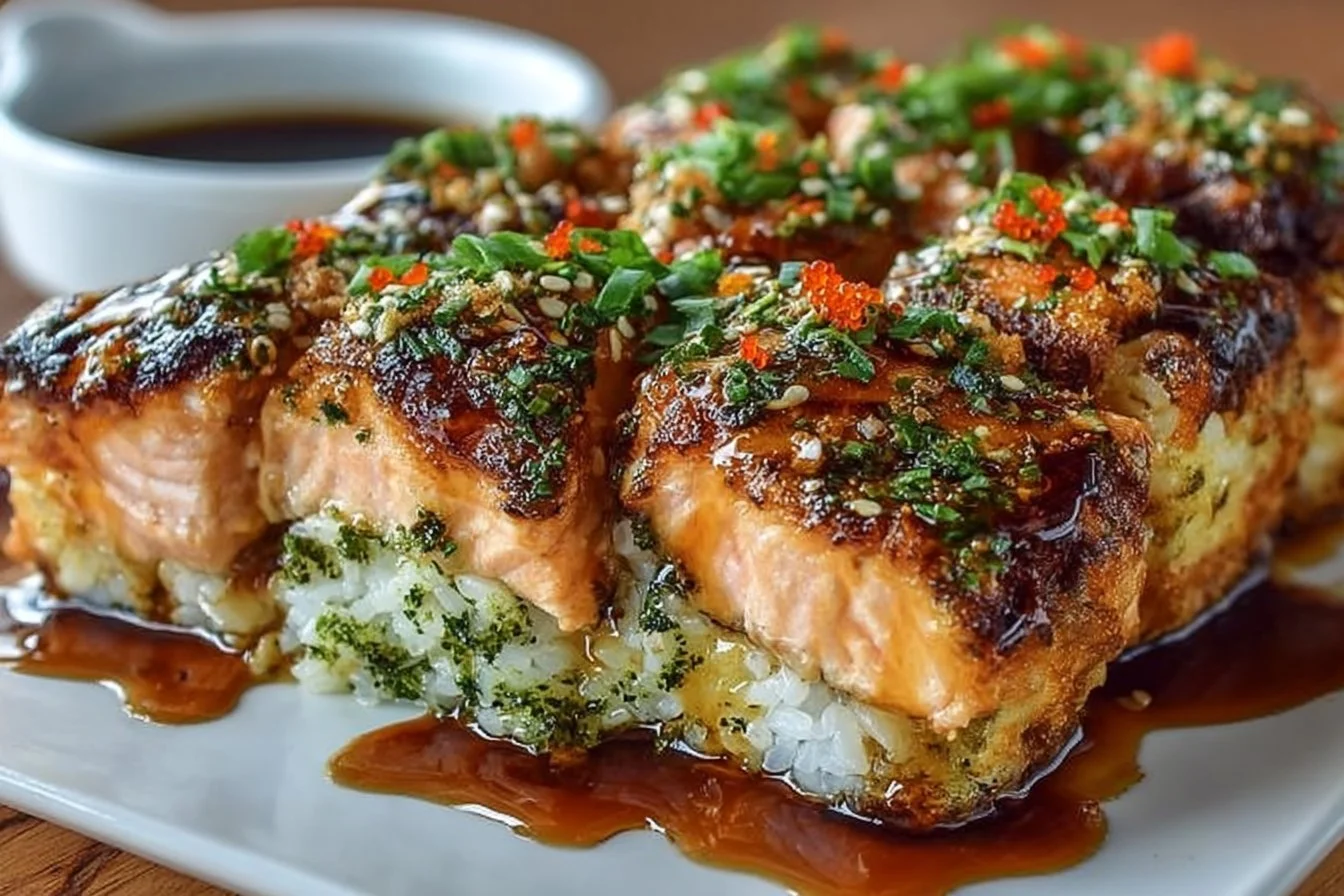 Baked Spicy Salmon Sushi with toppings and garnishes on a serving plate.