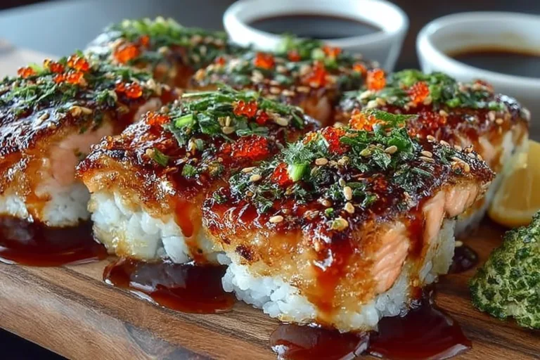 Baked spicy salmon sushi topped with creamy sauce and served in a dish