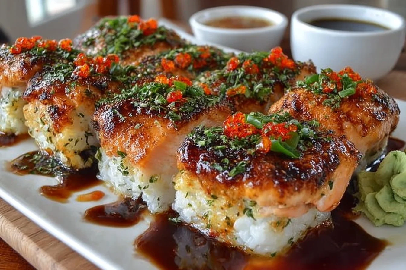 Baked spicy salmon sushi topped with avocado and spicy mayo in a casserole dish