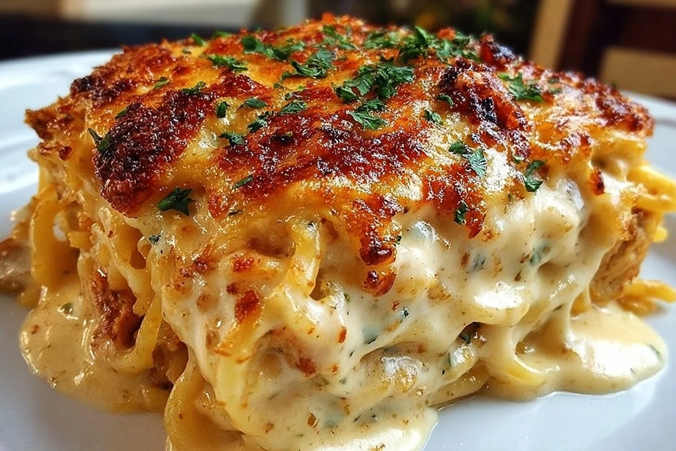 Spicy Southern cheesy chicken spaghetti casserole topped with melted cheese
