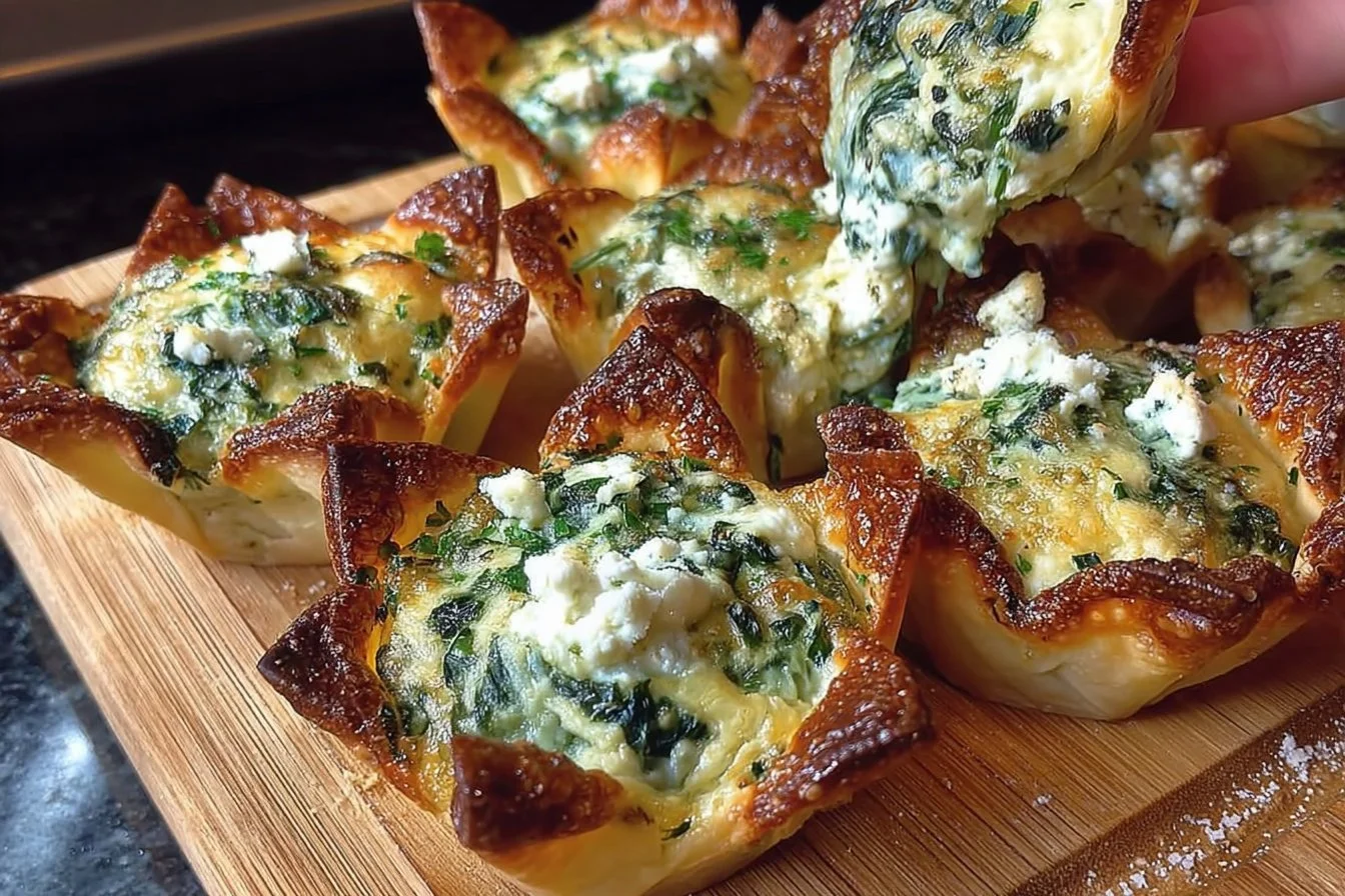 Spinach and artichoke wonton cups served on a platter for a tasty appetizer.
