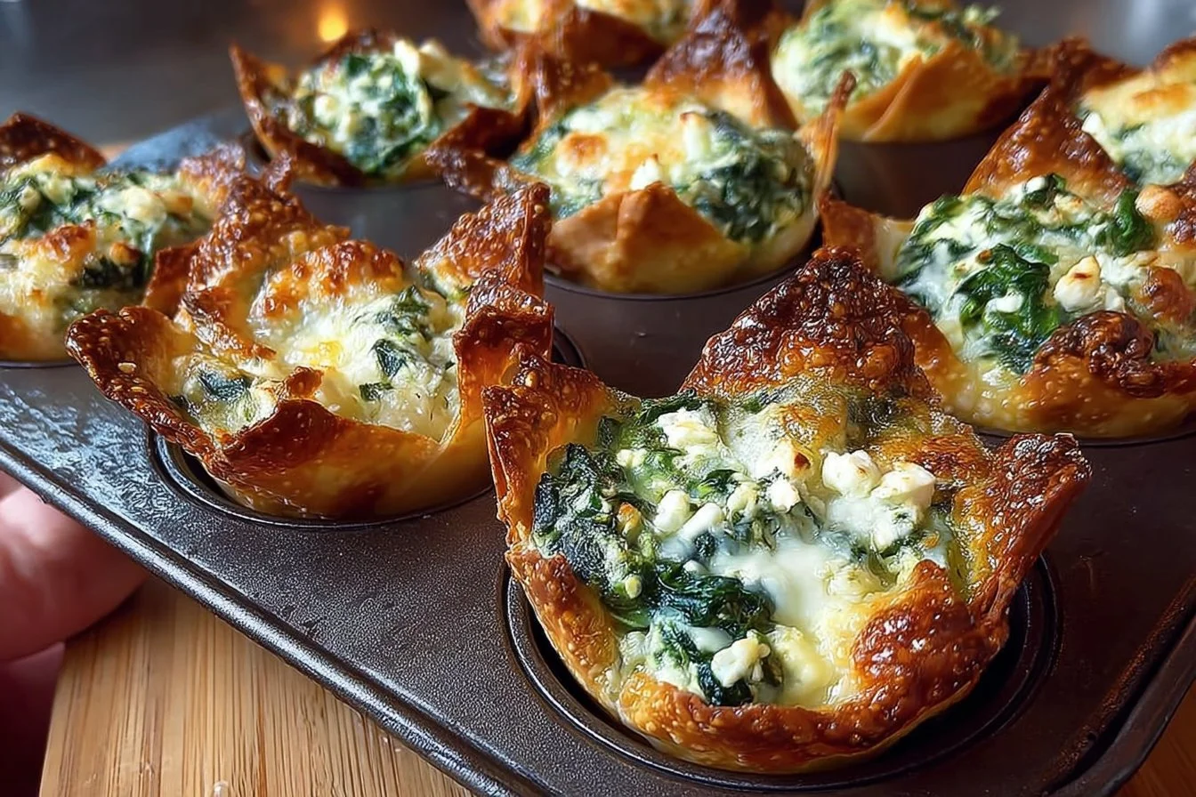 A tray of spinach and artichoke wonton cups topped with fresh herbs