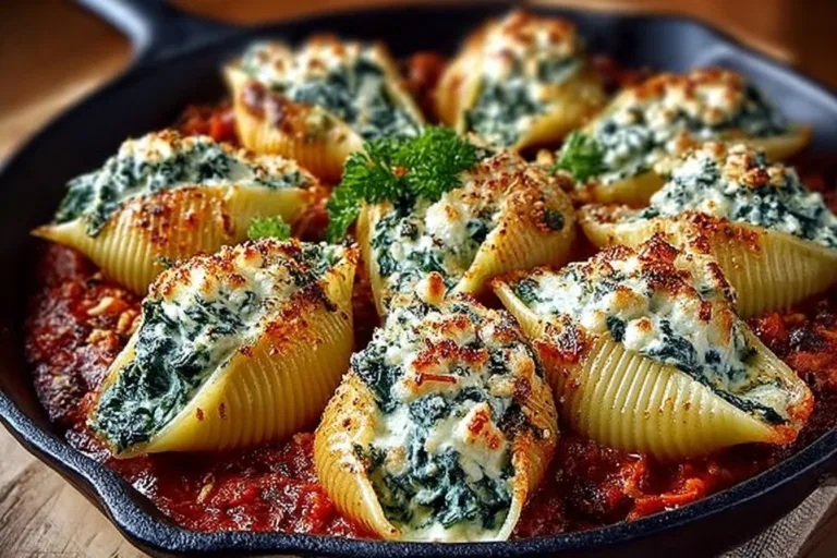 Plate of spinach and ricotta stuffed shells garnished with fresh herbs