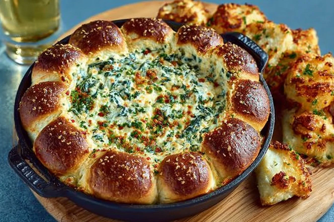 Creamy Spinach Artichoke Dip served with pull-apart rolls for dipping