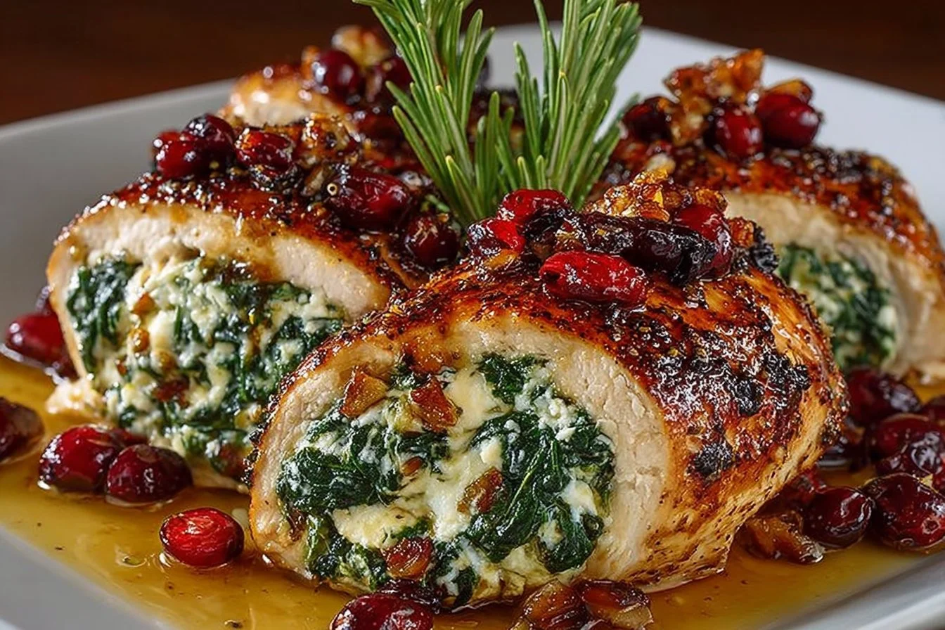 Spinach and cranberry stuffed chicken breasts served on a plate