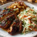 Sticky apple cider chicken served with autumn slaw on a plate.