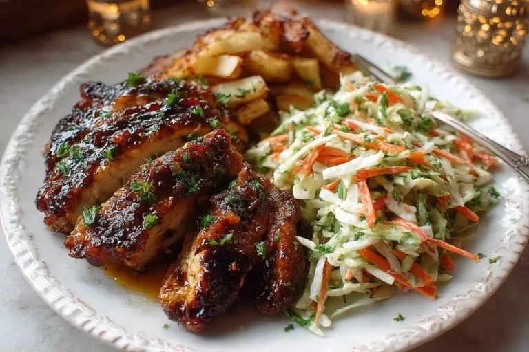 Sticky apple cider chicken served with autumn slaw on a plate.