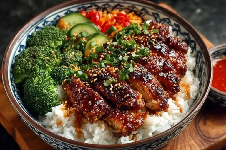 Delicious sticky chicken rice bowl topped with fresh herbs and vegetables