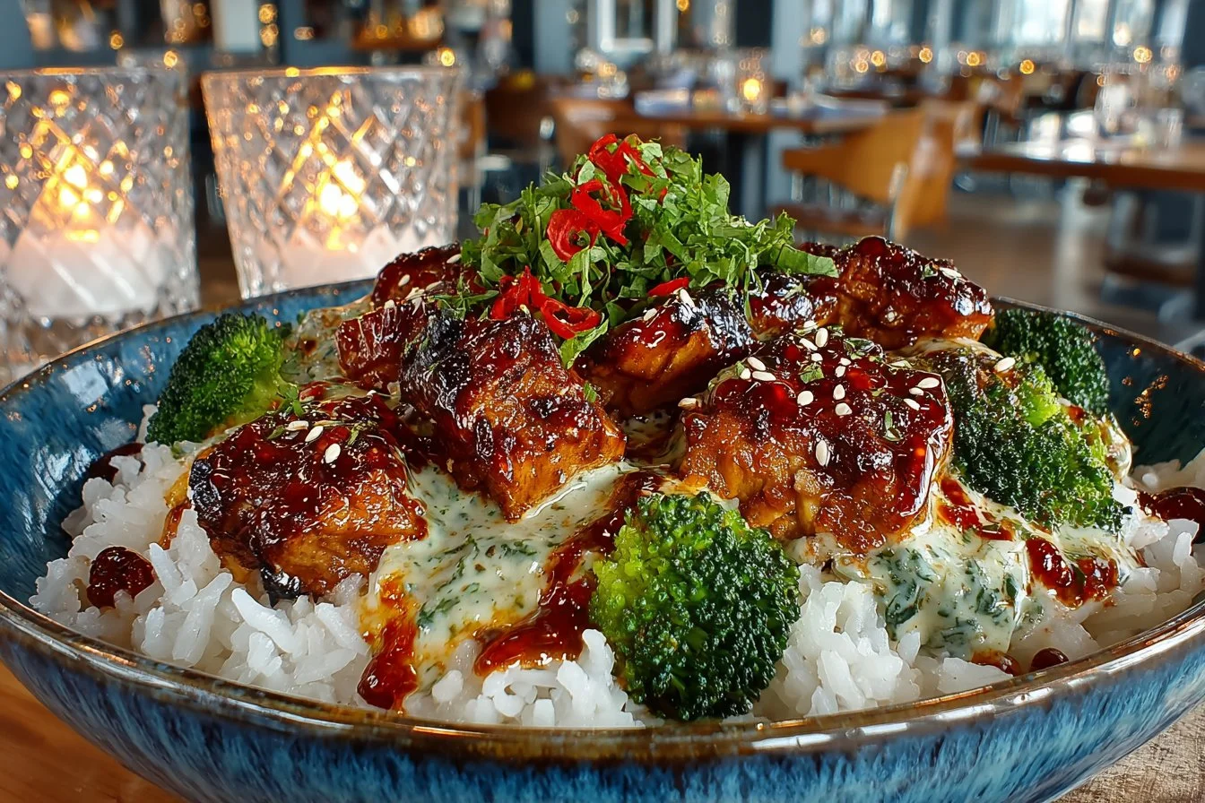 Delicious Sticky Chicken Rice Bowl garnished with fresh herbs and served in a bowl