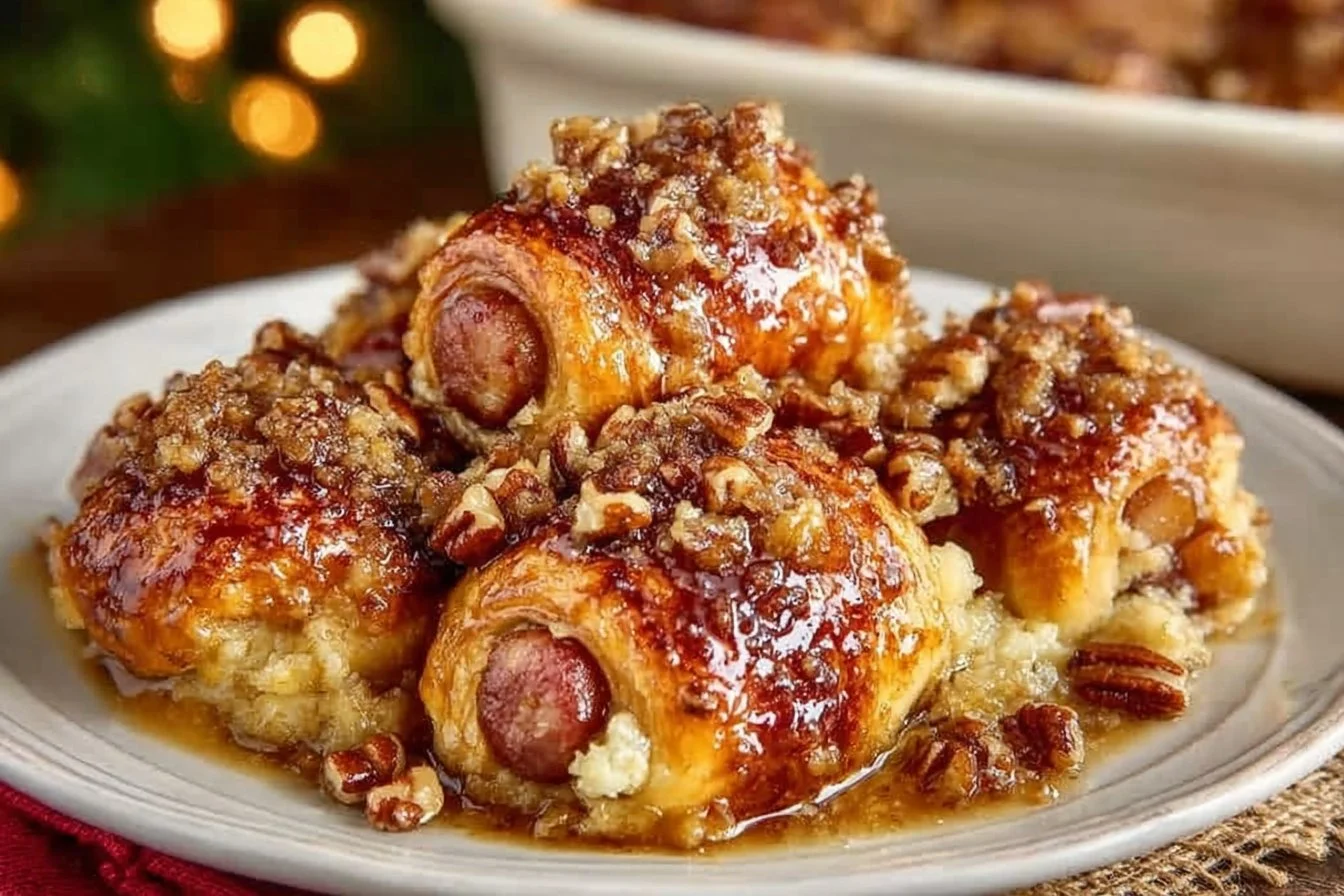 Deliciously sticky Pecan Pigs in a Blanket served on a plate