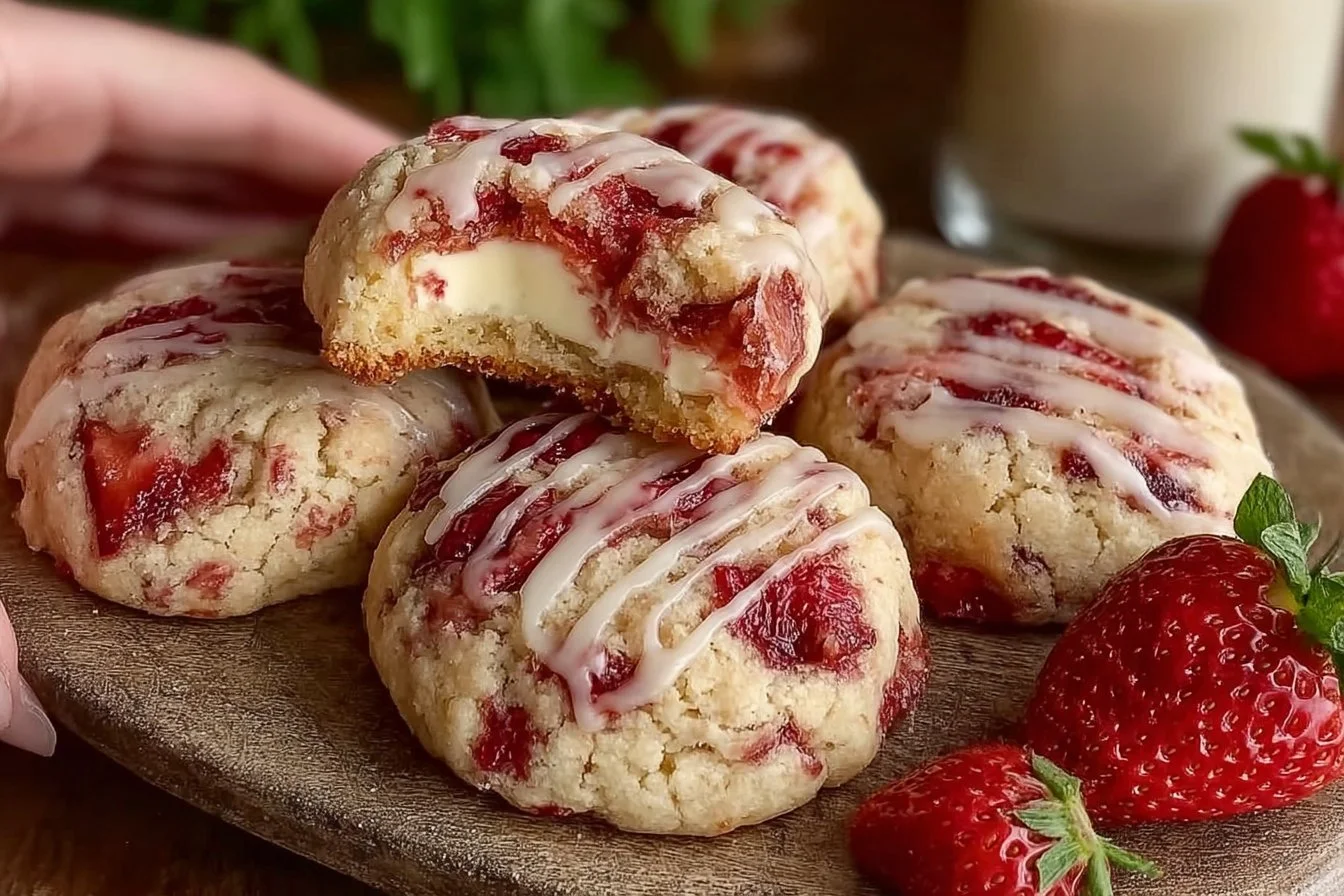 Strawberry Cheesecake Cookies with strawberries and cream cheese frosting