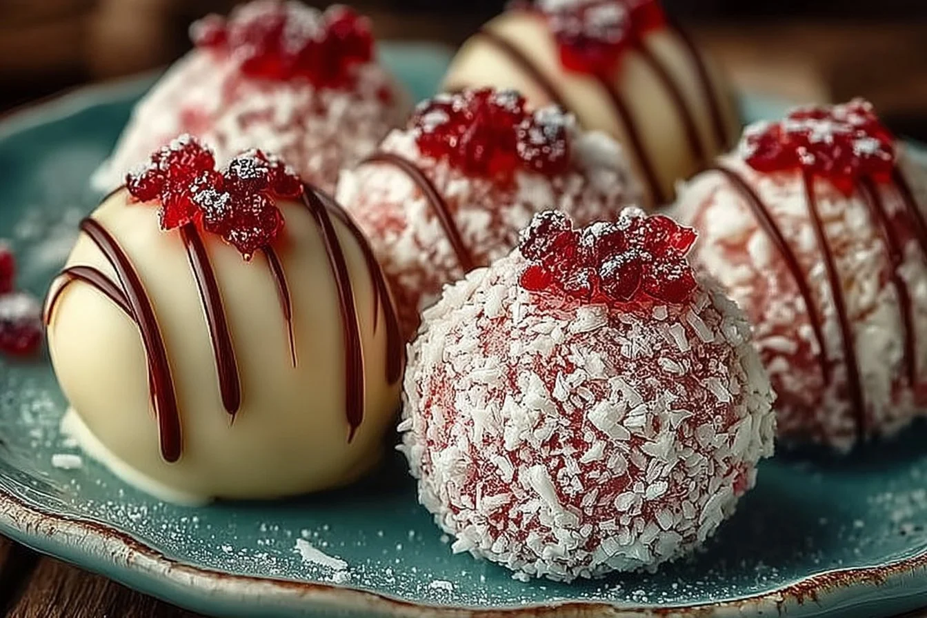 Delicious Strawberry Cheesecake Truffle Balls on a white plate