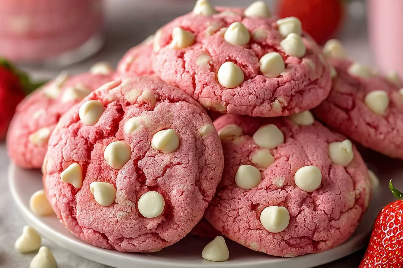 Freshly baked strawberry cookies with a golden edge and pink strawberry pieces
