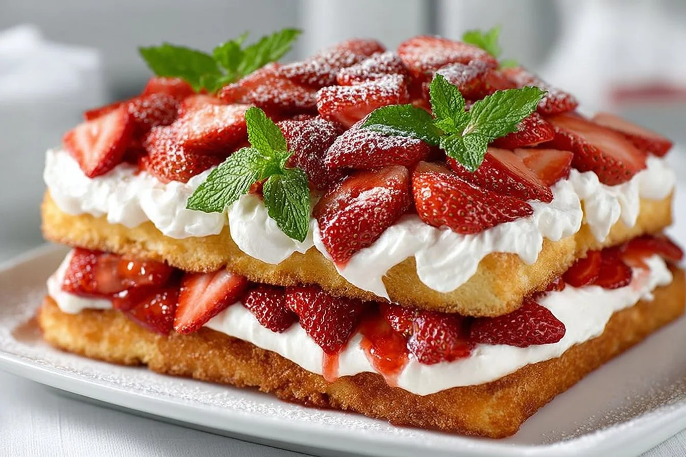 Delicious homemade Strawberry Cream Cake layered with fresh strawberries and cream.