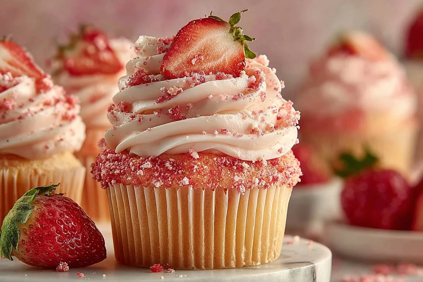 Strawberry crunch cupcakes topped with strawberry sprinkles and frosting