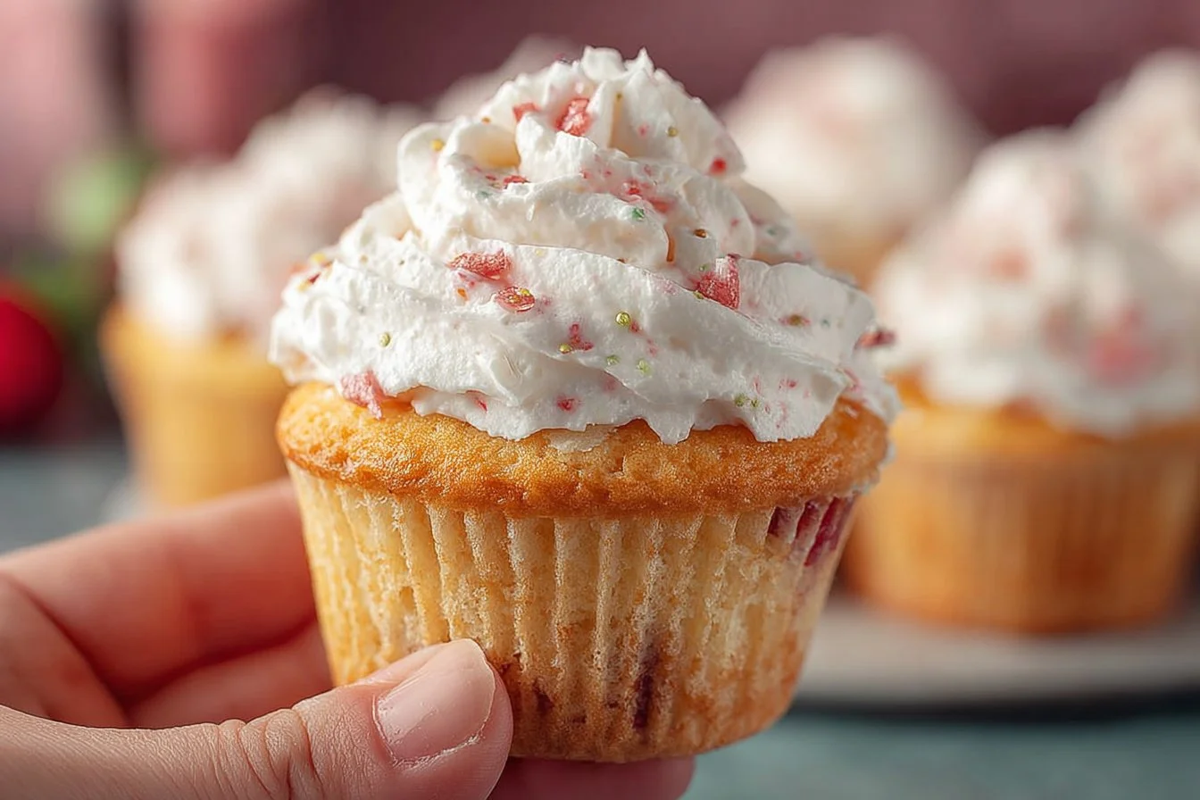 Strawberry cupcakes with whipped cream berry frosting on a white plate