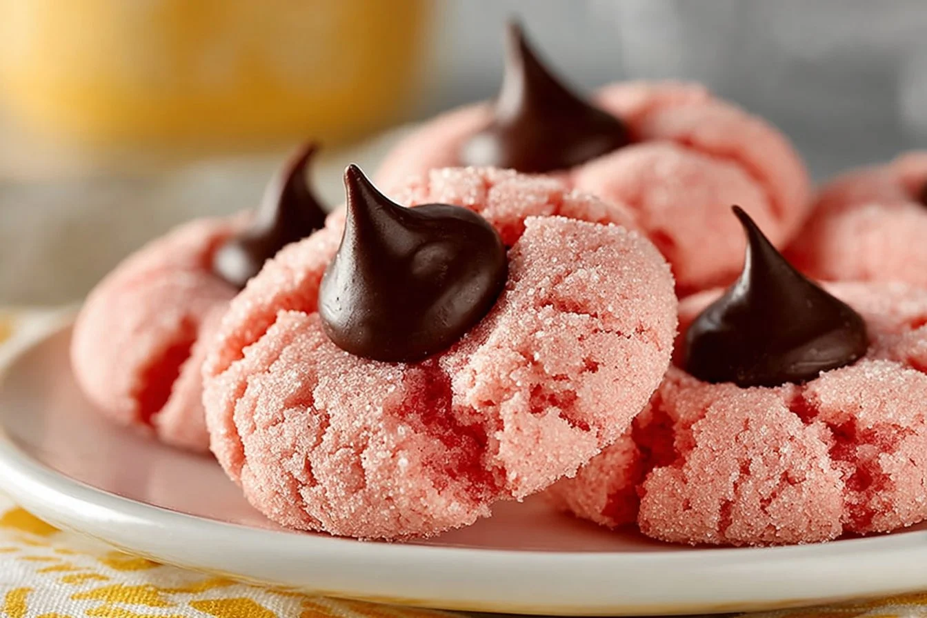 Delicious strawberry kiss cookies topped with chocolate hearts on a white plate.