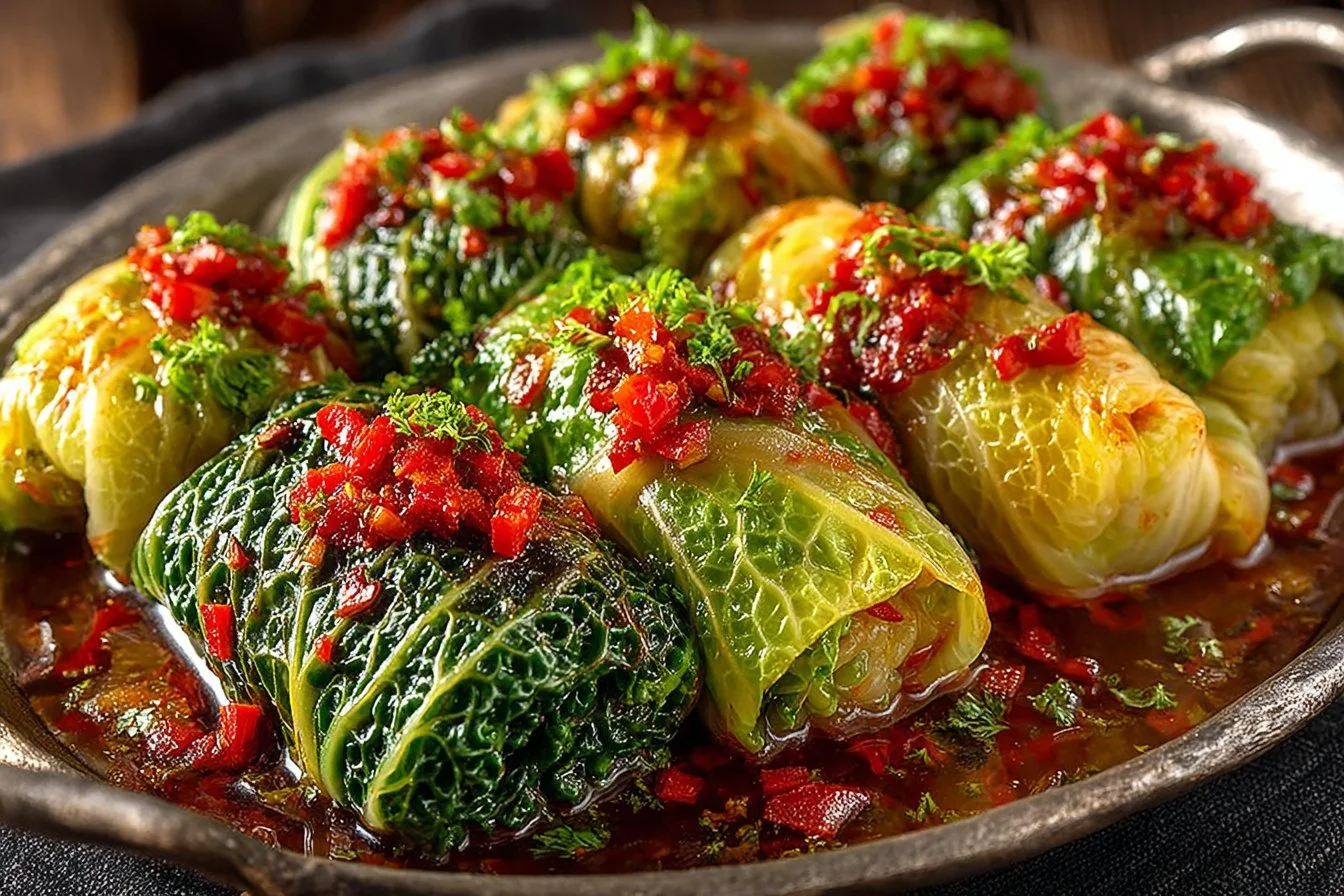 Plate of delicious stuffed cabbage rolls ready to be served.