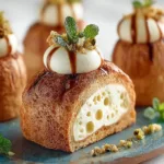 Sudachi, Pear & Tonka Bean cream puff dessert showcasing rich flavors and textures.