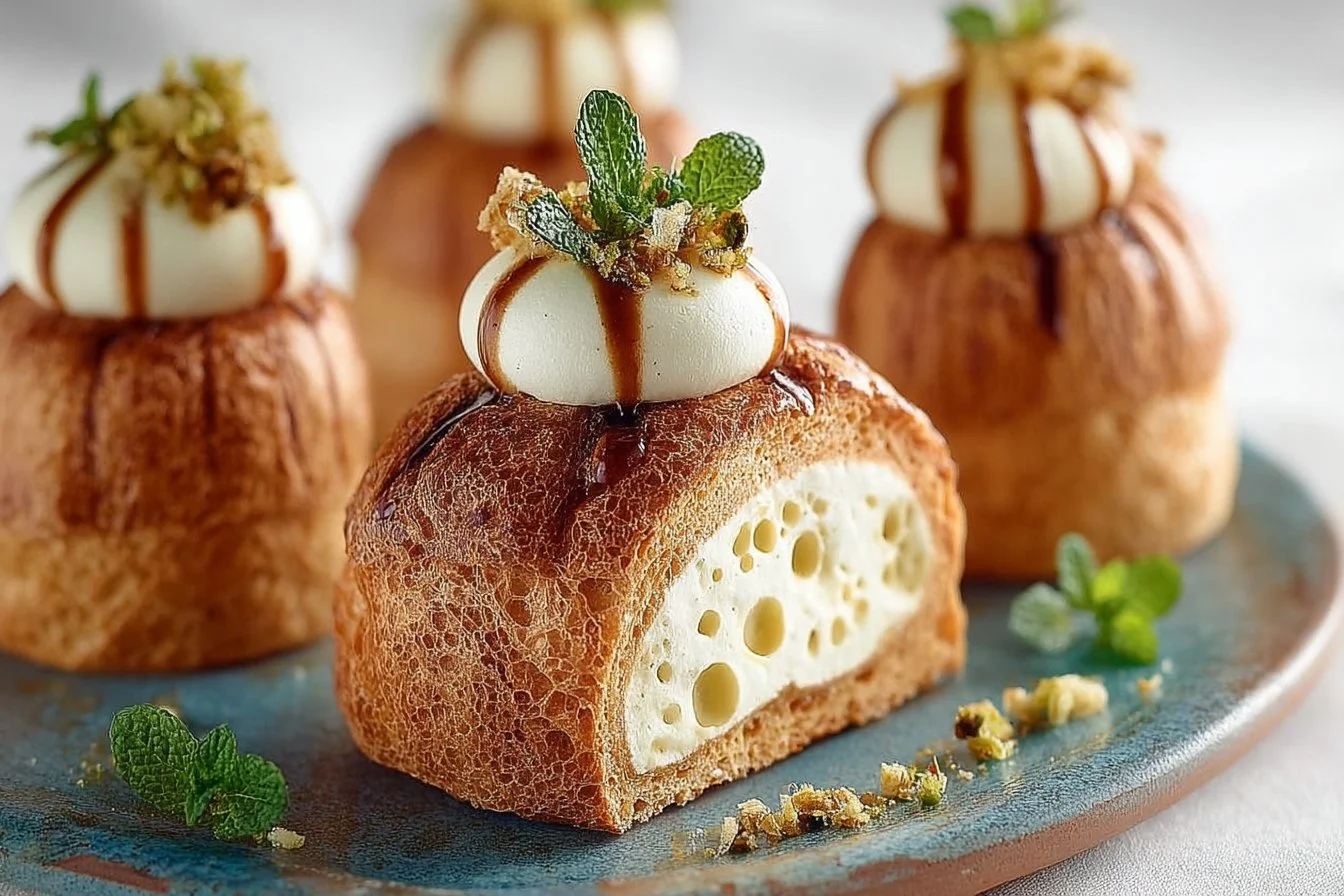 Sudachi, Pear & Tonka Bean cream puff dessert showcasing rich flavors and textures.