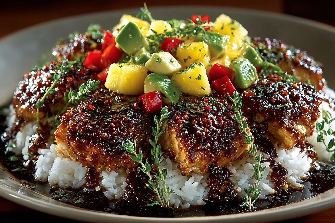 Sweet and Spicy Chicken served with vibrant Pineapple Salsa on a plate