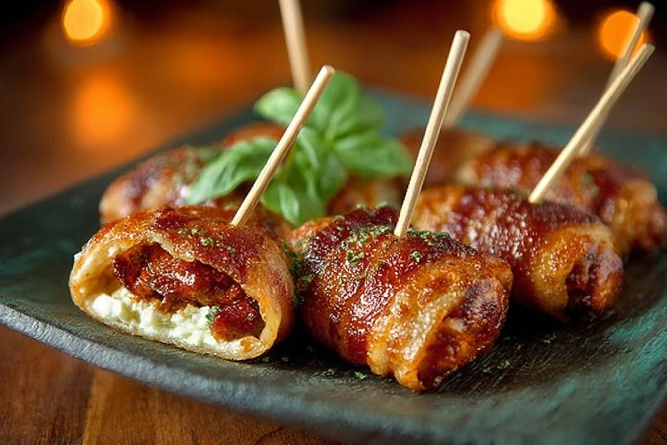 Sweet chicken bacon wraps on a plate, garnished and ready to enjoy