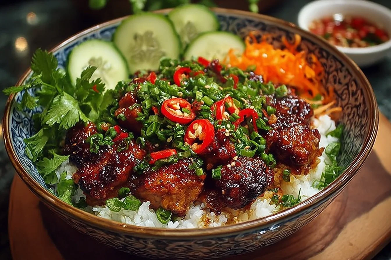 Bowl of sweet chili chicken rice with vibrant vegetables and fresh herbs
