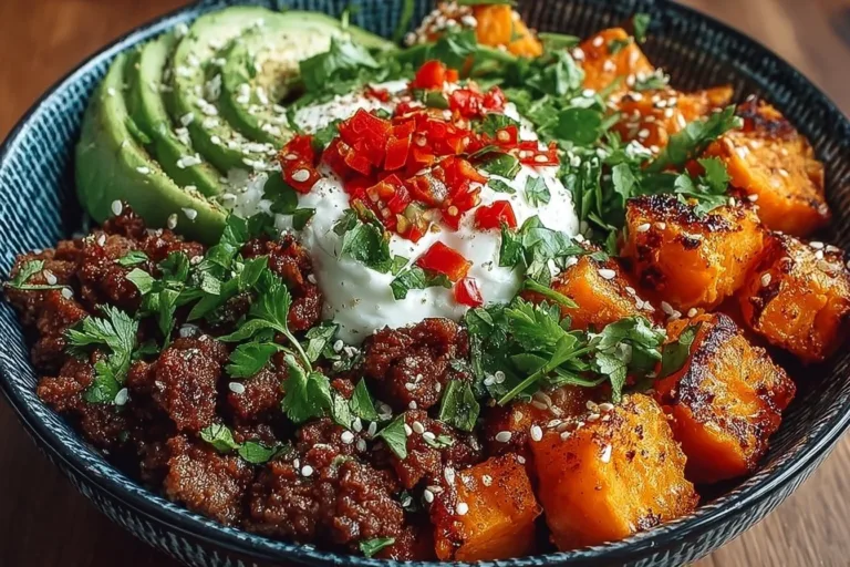 Colorful sweet potato taco bowl filled with fresh ingredients and toppings