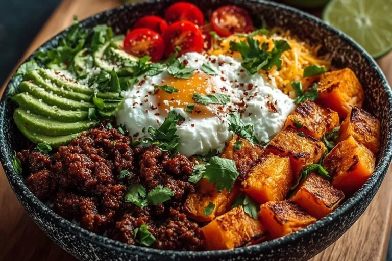 Healthy sweet potato taco bowl with colorful vegetables and toppings