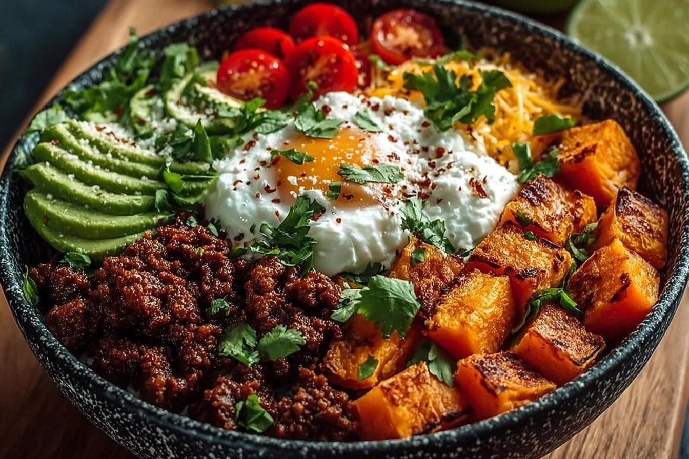 Healthy sweet potato taco bowl with colorful vegetables and toppings