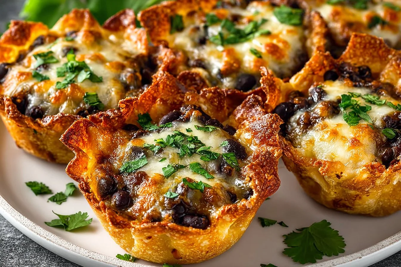 Plate of delicious, bite-sized taco bites served with salsa and toppings.