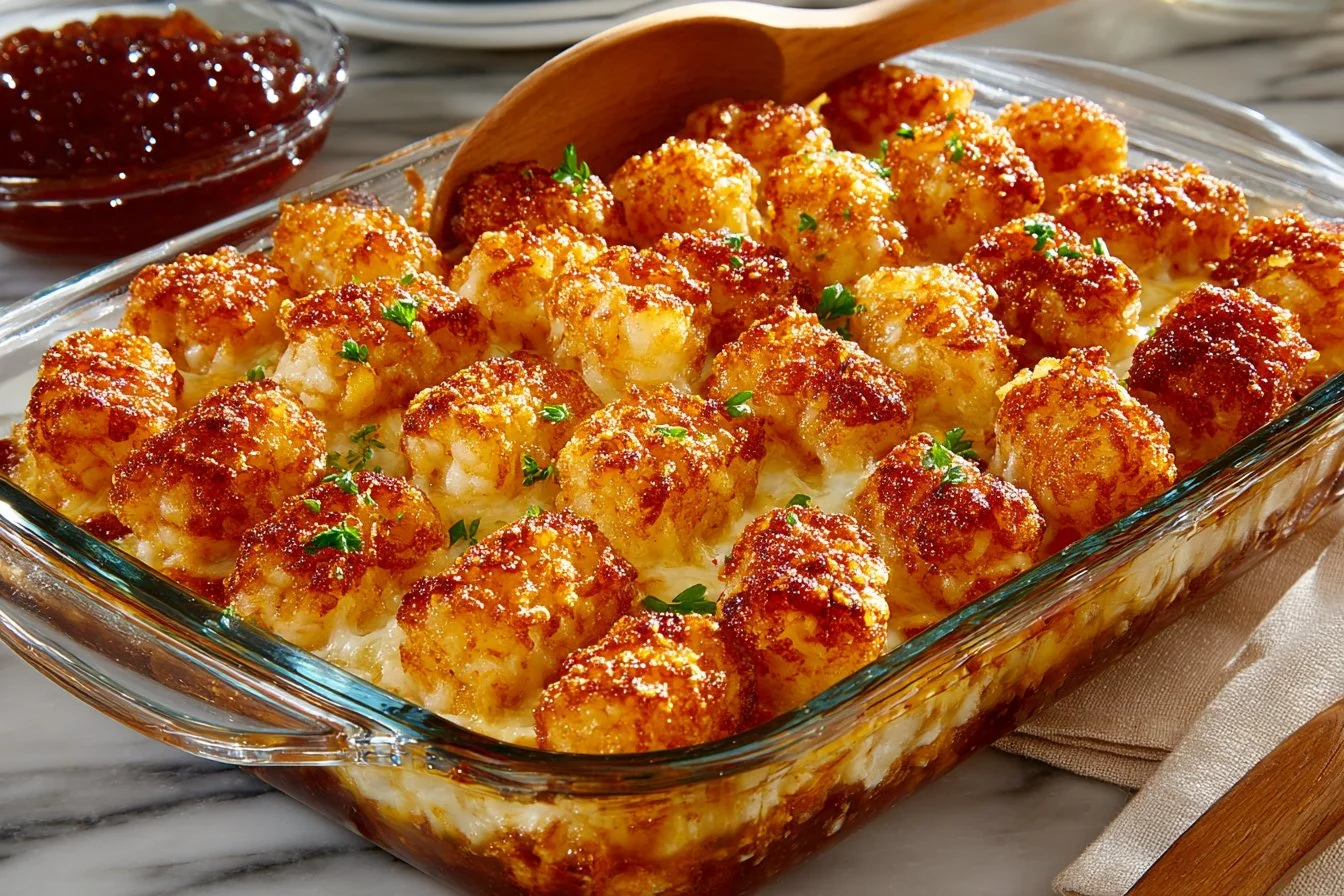 Delicious Tater Tot Casserole served hot, topped with melted cheese and crispy tots.