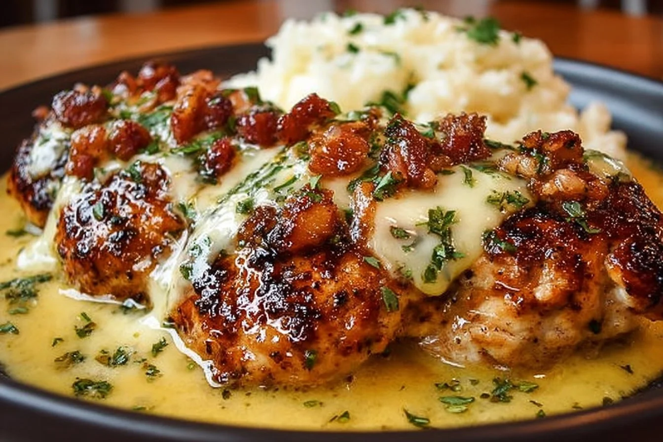 Delicious Texas Roadhouse smothered chicken topped with jack cheese