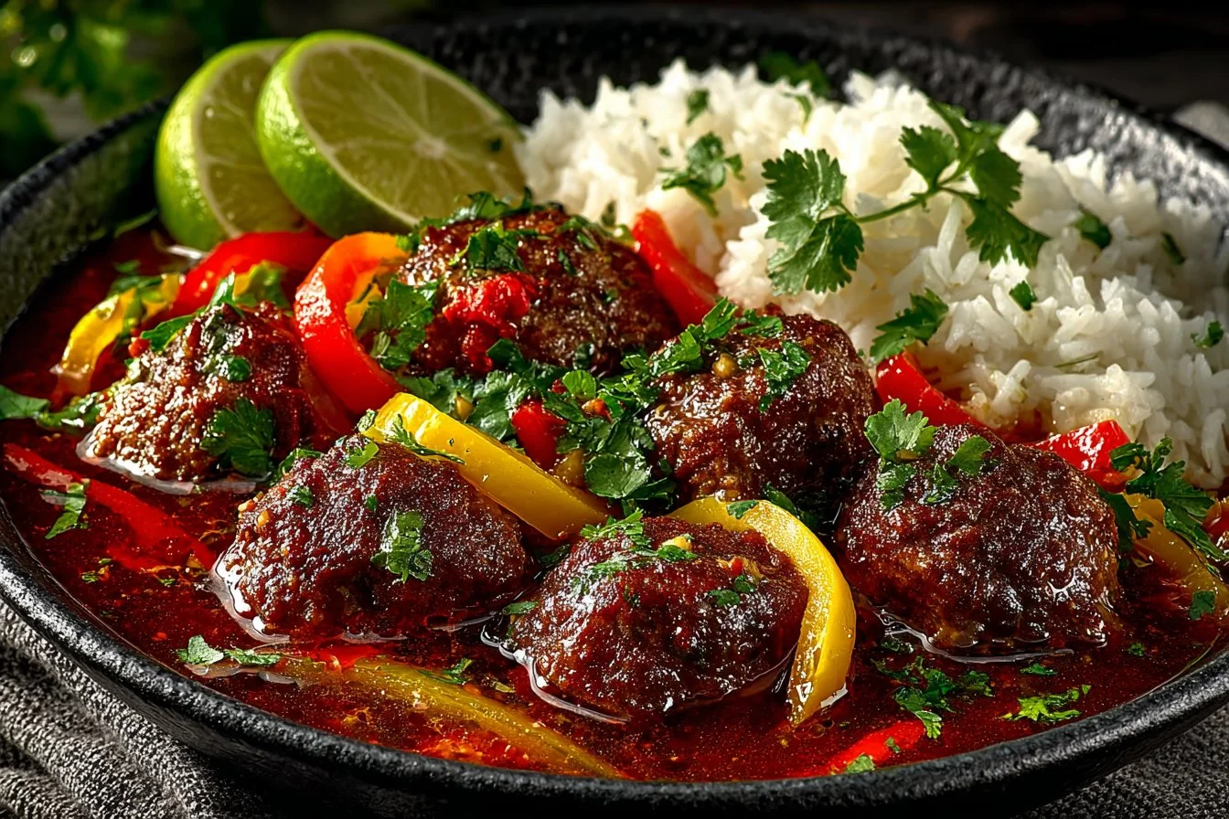 Delicious Thai chicken meatball curry served in a bowl with fresh herbs