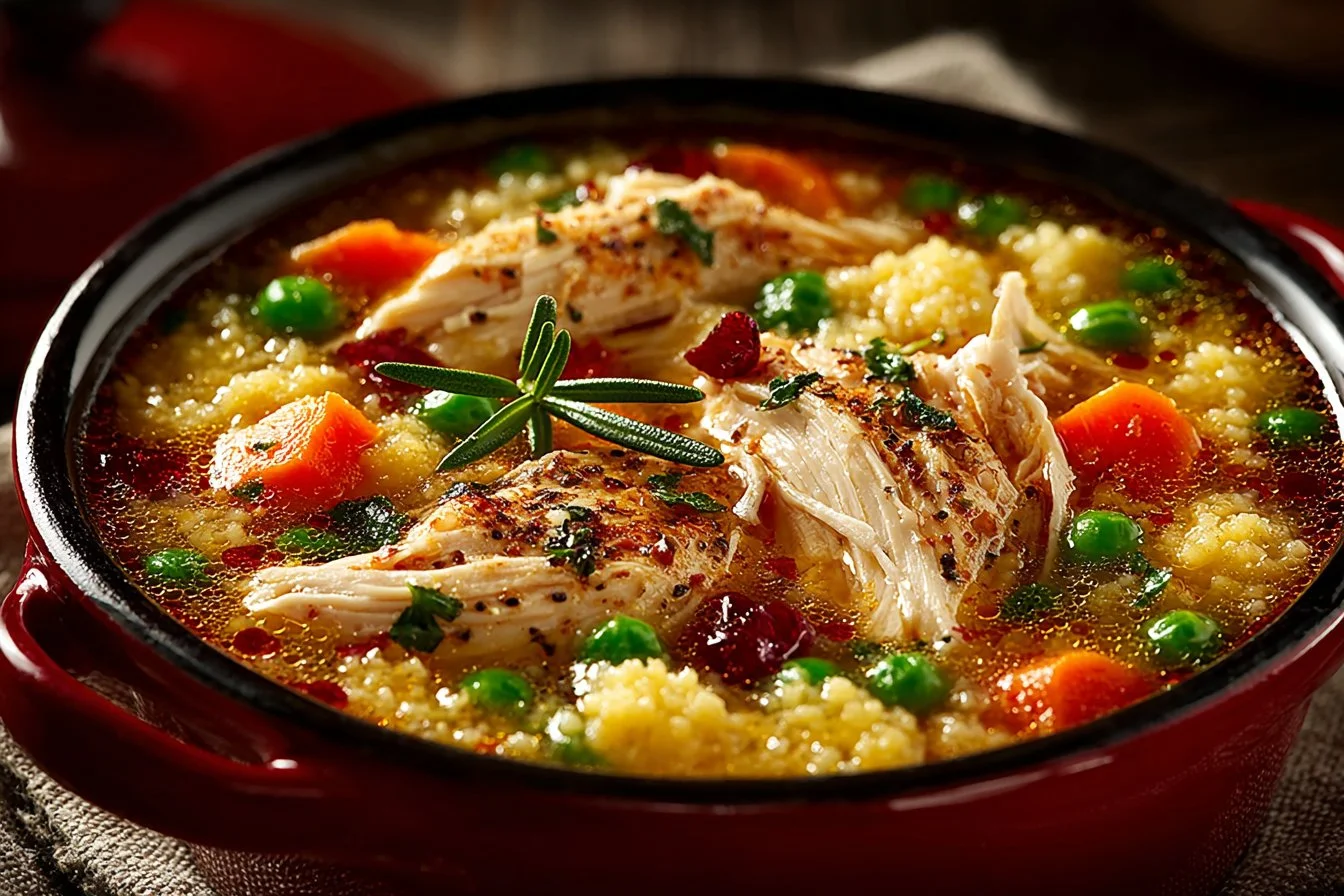 A bowl of delicious homemade chicken soup with vegetables and herbs