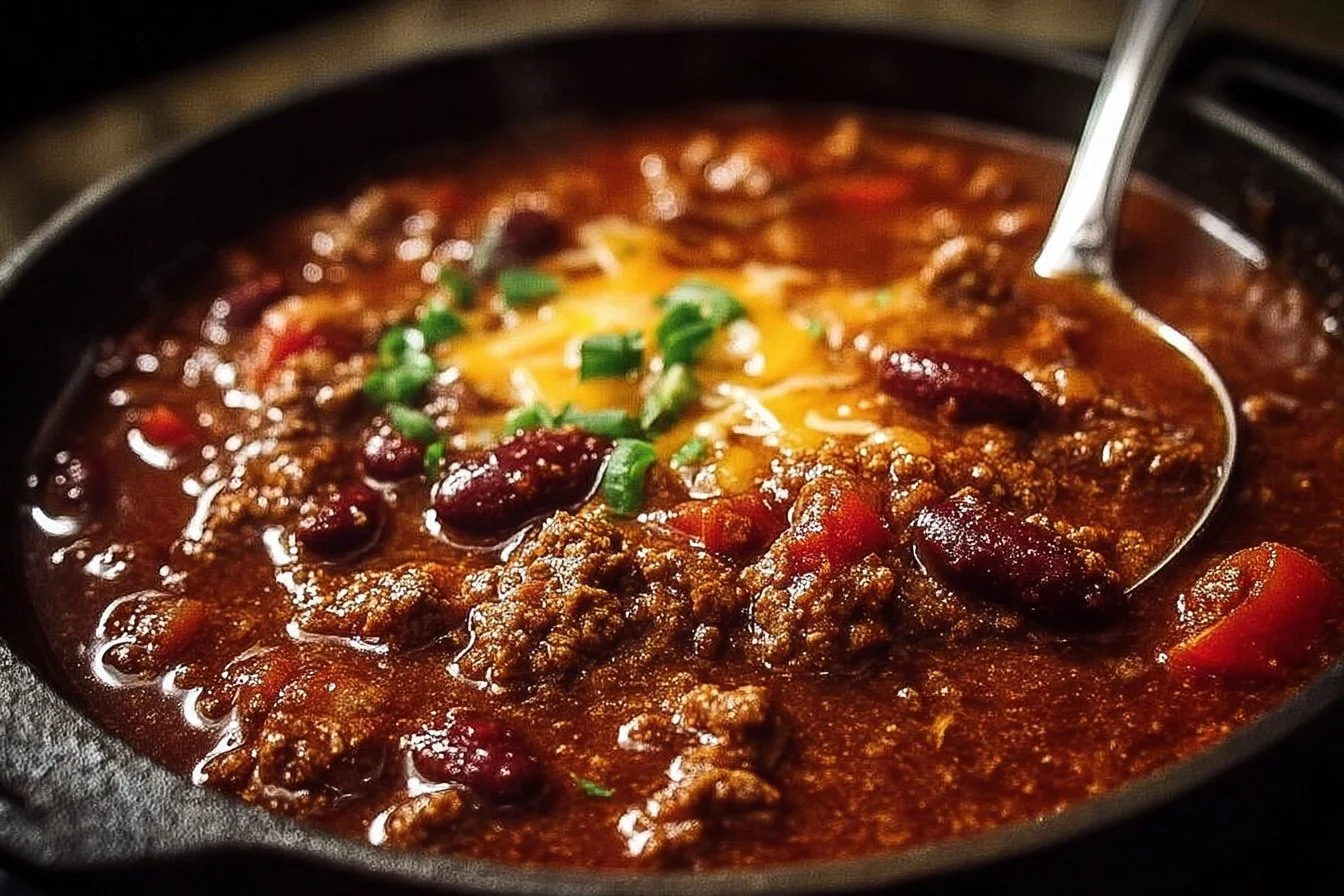 A bowl of the best chili recipe topped with cheese and herbs.