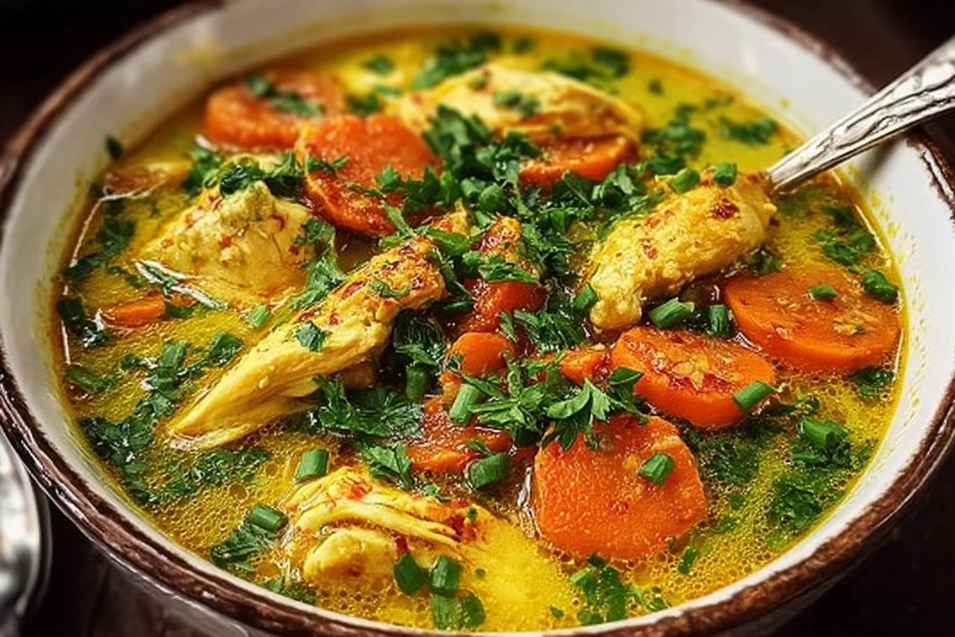 Bowl of turmeric chicken soup garnished with herbs and spices